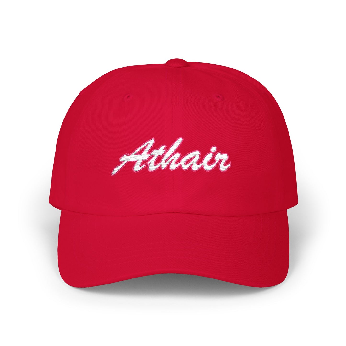 Red dad cap with the word Athair ( the Irish/gaelic word for Dad) embroidered in a script font. White thread with a red thread outline