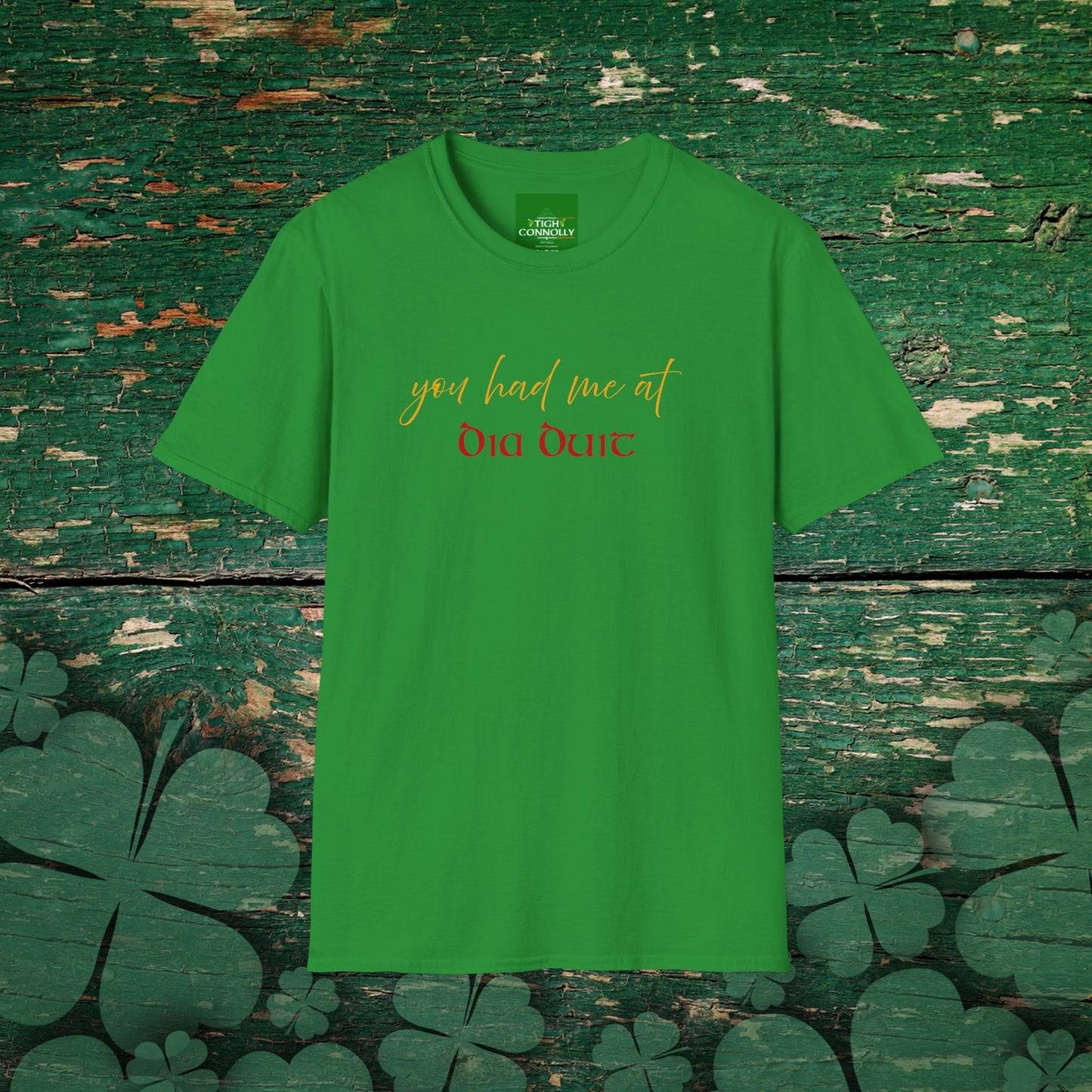 Kelly Green t-shirt with playful “You Had Me at Dia Duit” text, styled with Gaeilge charm — perfect for Irish language lovers.