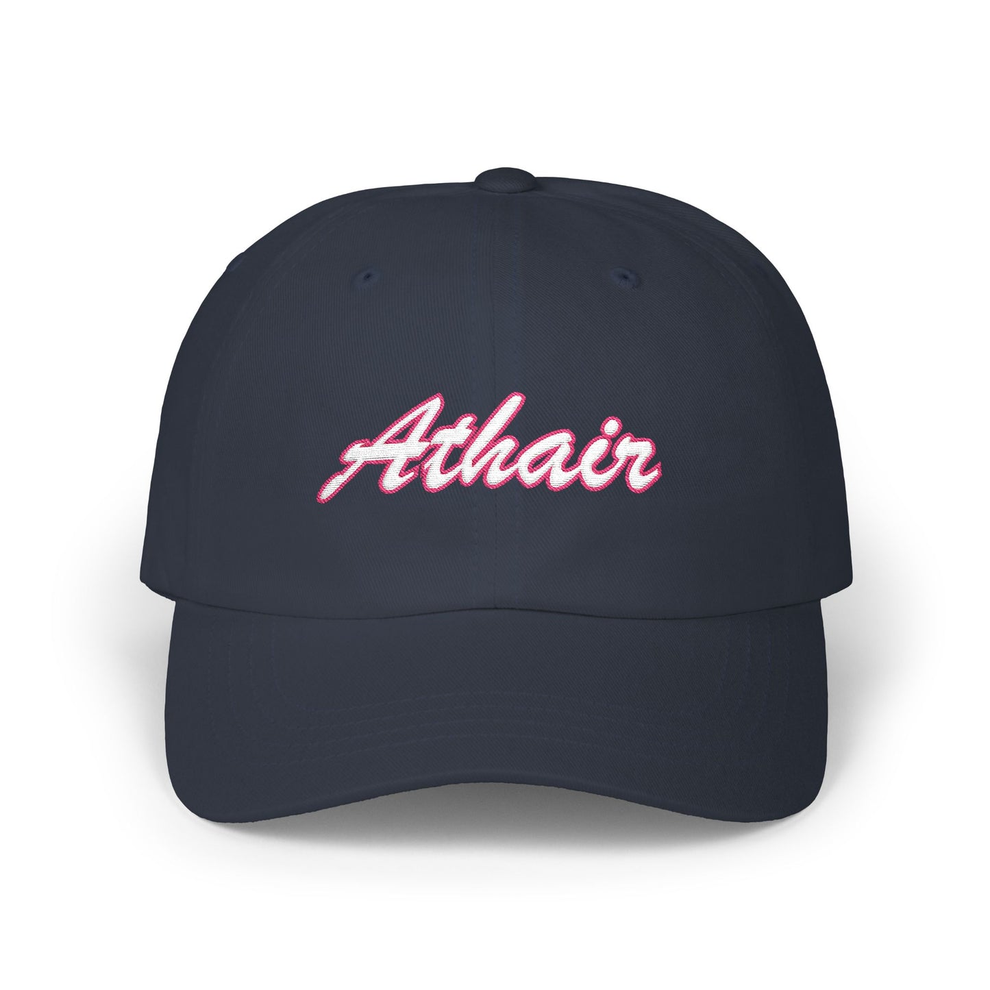 Blue dad cap with the word Athair ( the Irish/gaelic word for Dad) embroidered in a script font. White thread with a red thread outline 