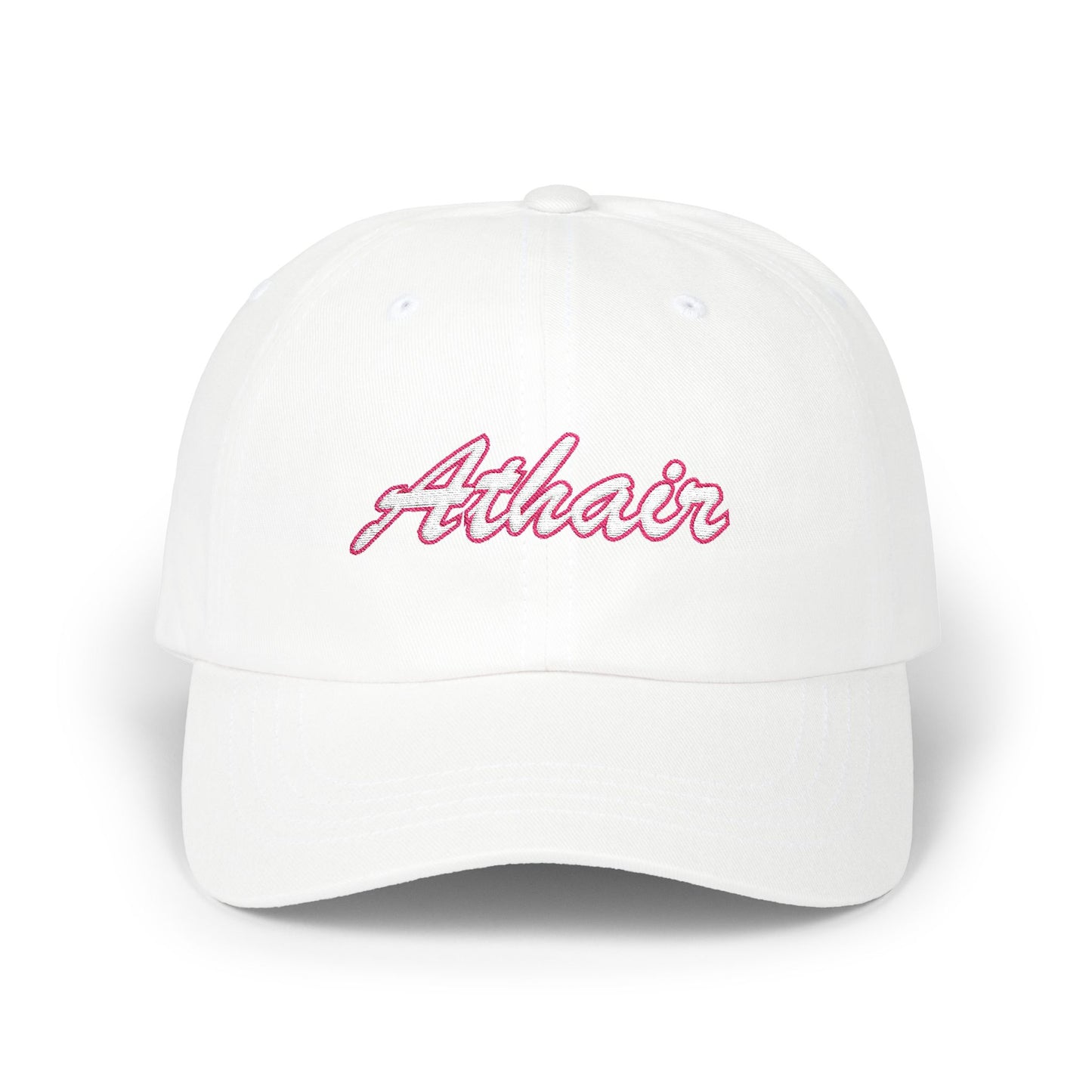 White dad cap with the word Athair ( the Irish/gaelic word for Dad) embroidered in a script font. White thread with a red thread outline 