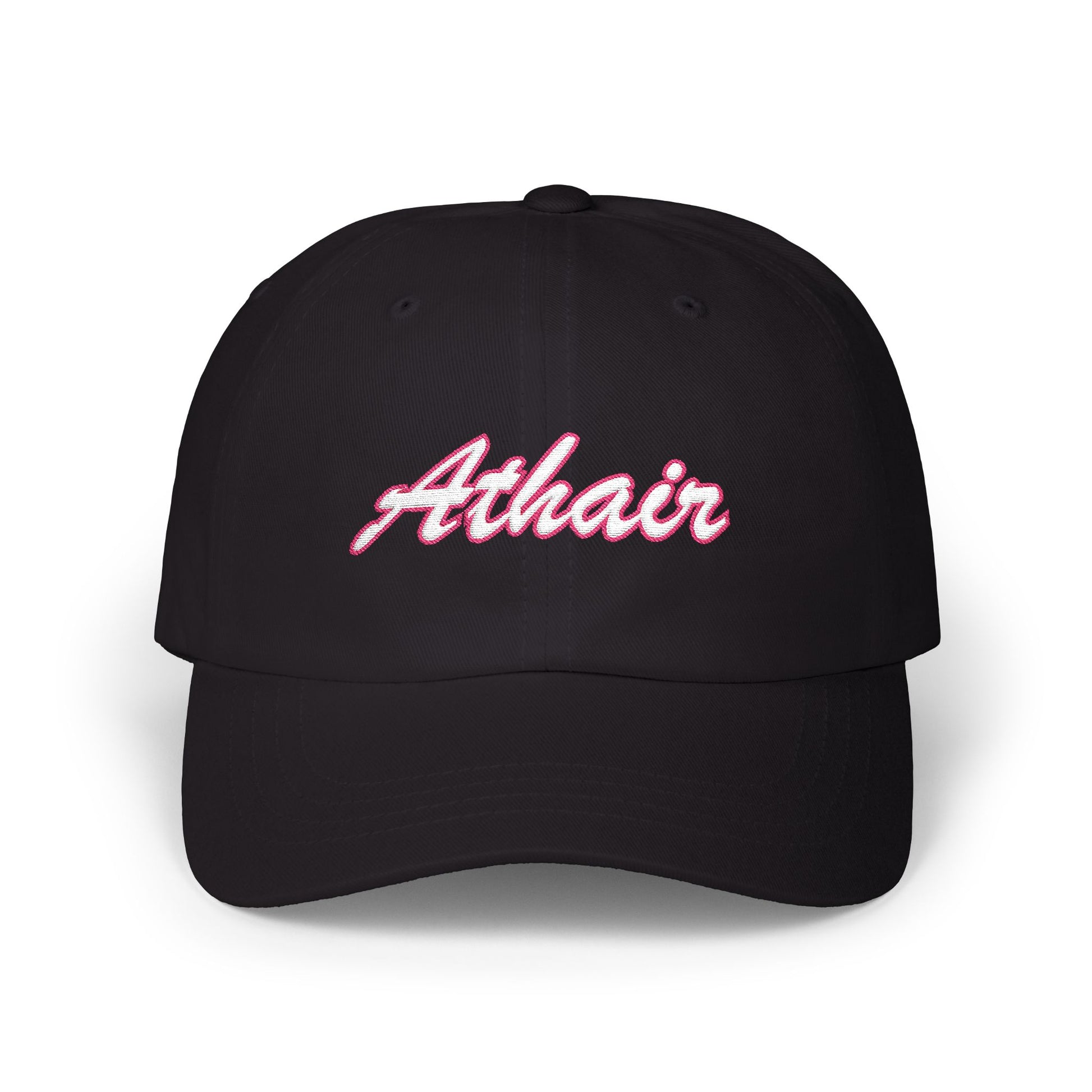 Black dad cap with the word Athair ( the Irish/gaelic word for Dad) embroidered in a script font. White thread with a red thread outline 