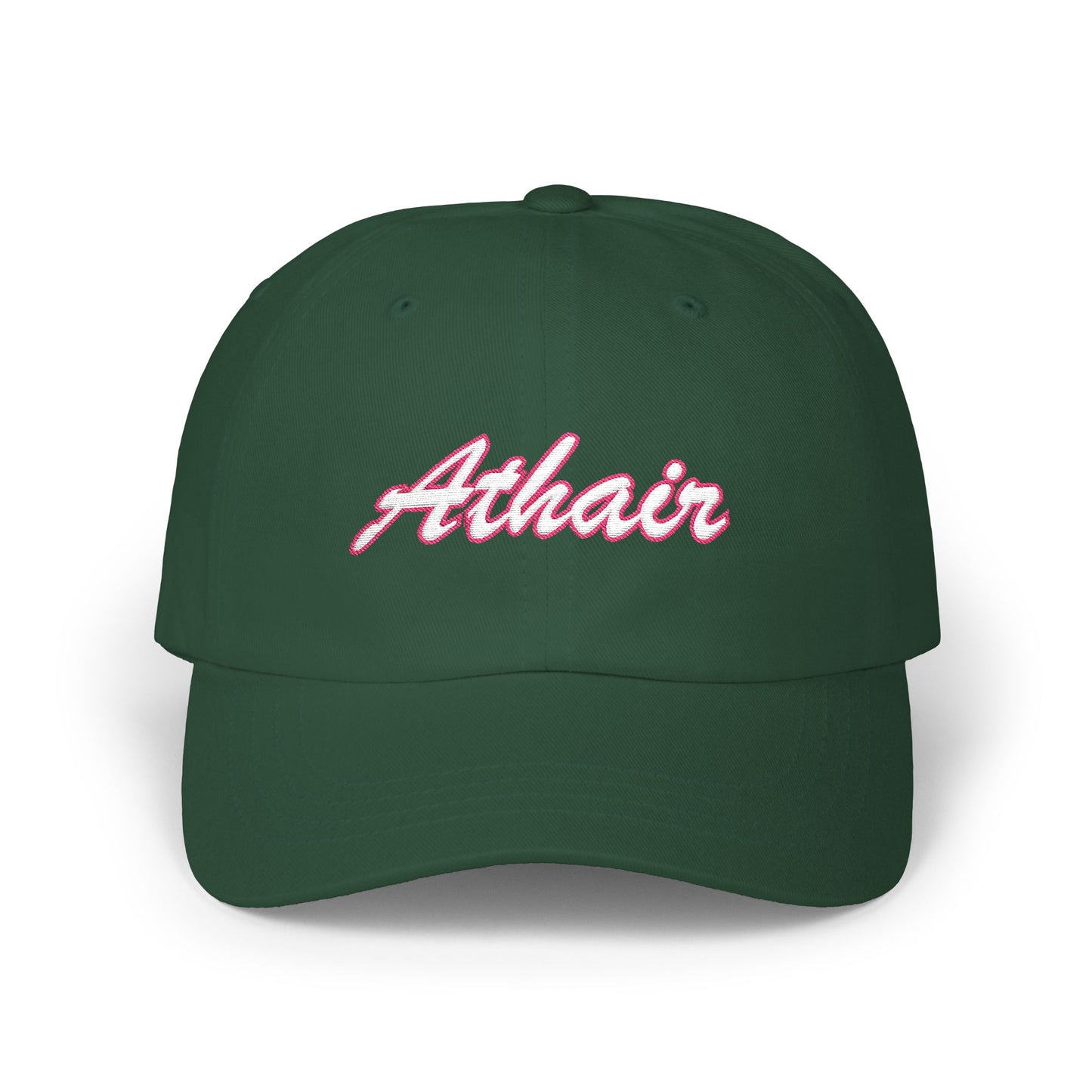 Kelly Green dad cap with the word Athair ( the Irish/gaelic word for Dad) embroidered in a script font. White thread with a red thread outline 