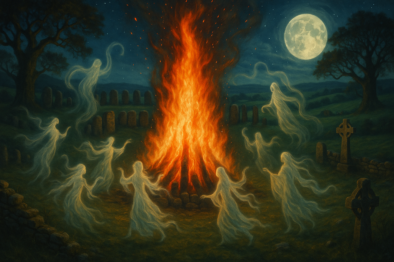 wild halloween bonfire in Ireland with spirits dancing around